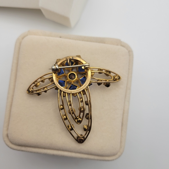 Lovely Vintage MCM M&S Gold Filled Cobalt Blue & White Rhinestones Brooch Pin - Picture 14 of 15